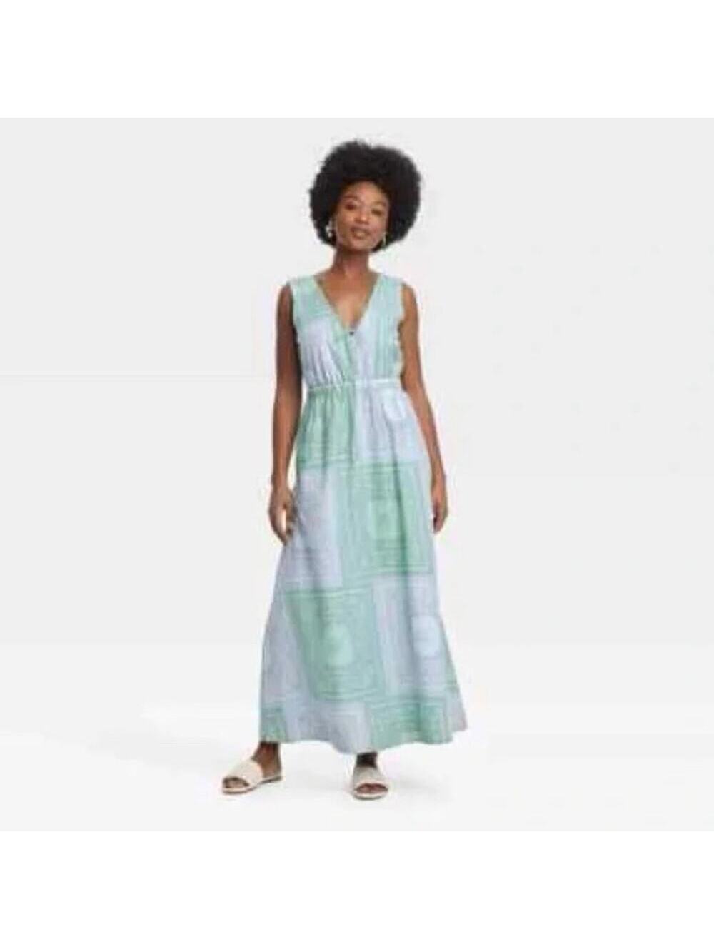 Universal Thread NWT Women's Green Gray Paisley Elastic Waist Maxi Dress Size XS